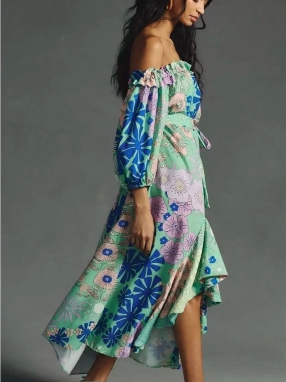 Anthropologie Oopscool Off-Shoulder Floral Midi Dress in Mint and Blue size S - Picture 3 of 10